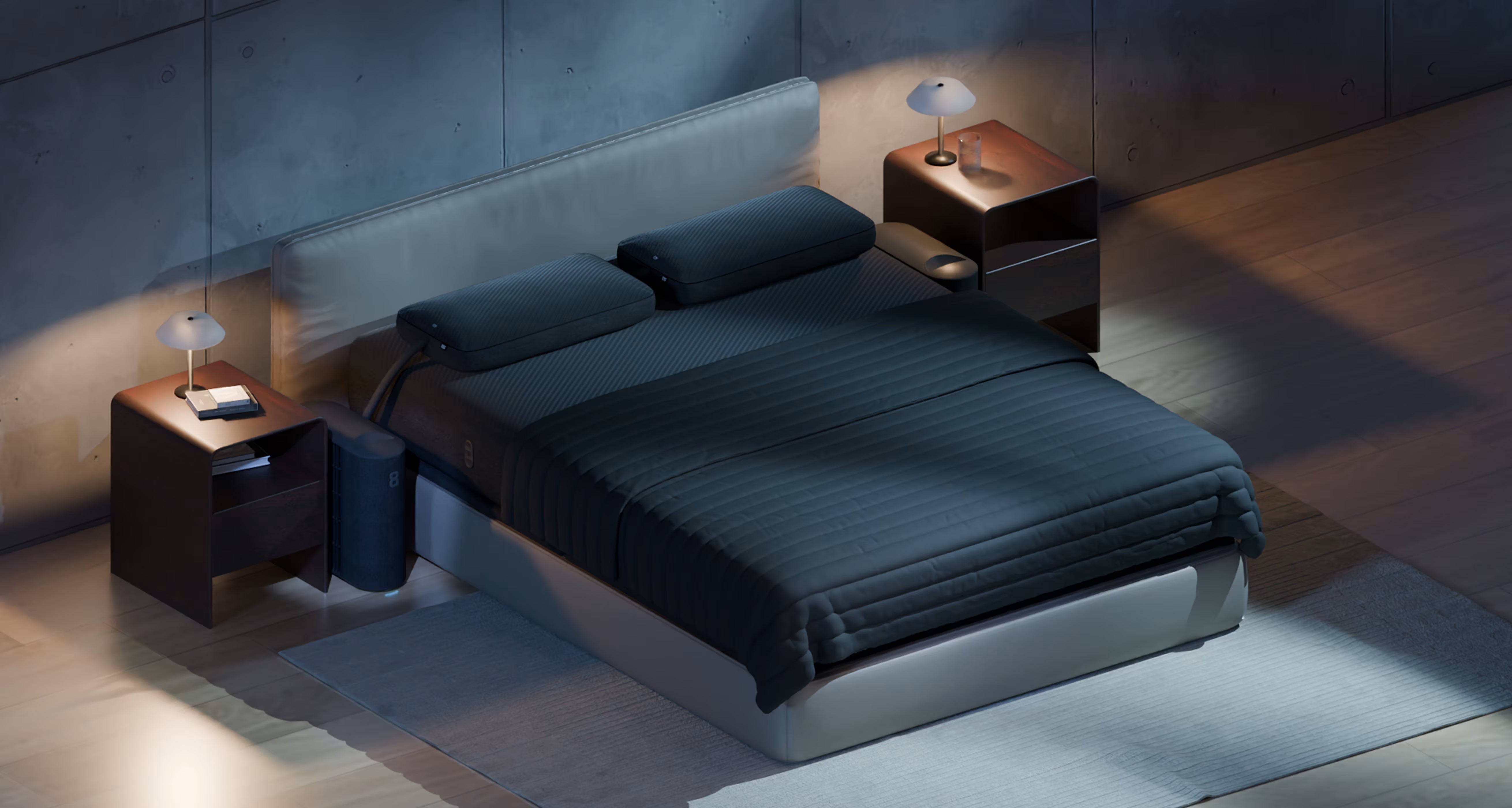 Eight Sleep Pod smart mattress with thermal regulation technology, integrated cooling hub, and luxury black sheet set.