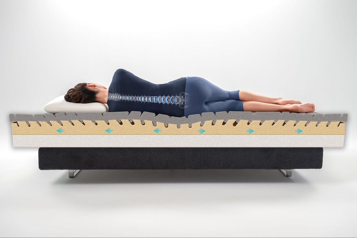 Side sleeping posture showing correct spine alignment, comfort, and support by Magniflex in Dubai for better sleep and health.