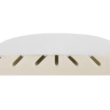 Cross-section of the MagniStretch pillow for neck pain. A white upper layer sits over a beige lower layer cut with angled slots that tilt outward from a vertical slot in the centre.