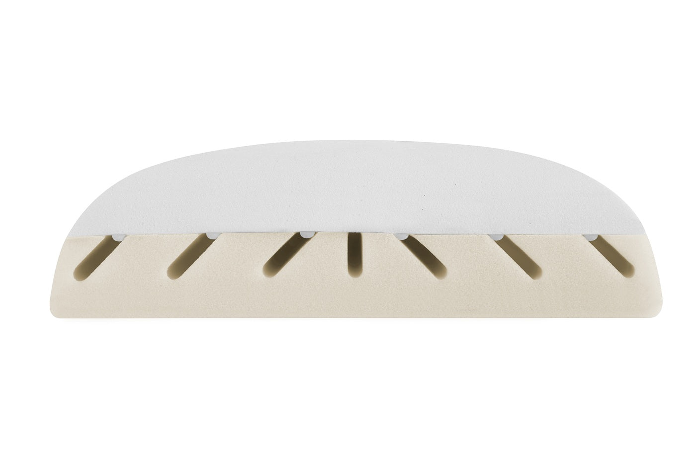 Cross-section of the MagniStretch pillow for neck pain. A white upper layer sits over a beige lower layer cut with angled slots that tilt outward from a vertical slot in the centre.