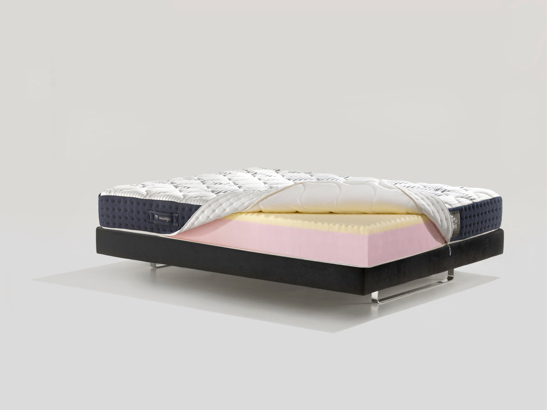 A close up look of the innovative layers of a Magniflex queen size mattress
