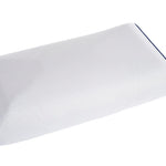 MagniStretch pillow with white cover and blue piping, shown in side profile.