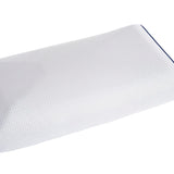 MagniStretch pillow with white cover and blue piping, shown in side profile.