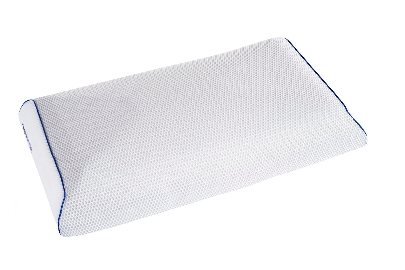 MagniStretch pillow with white cover and blue piping, shown in side profile.